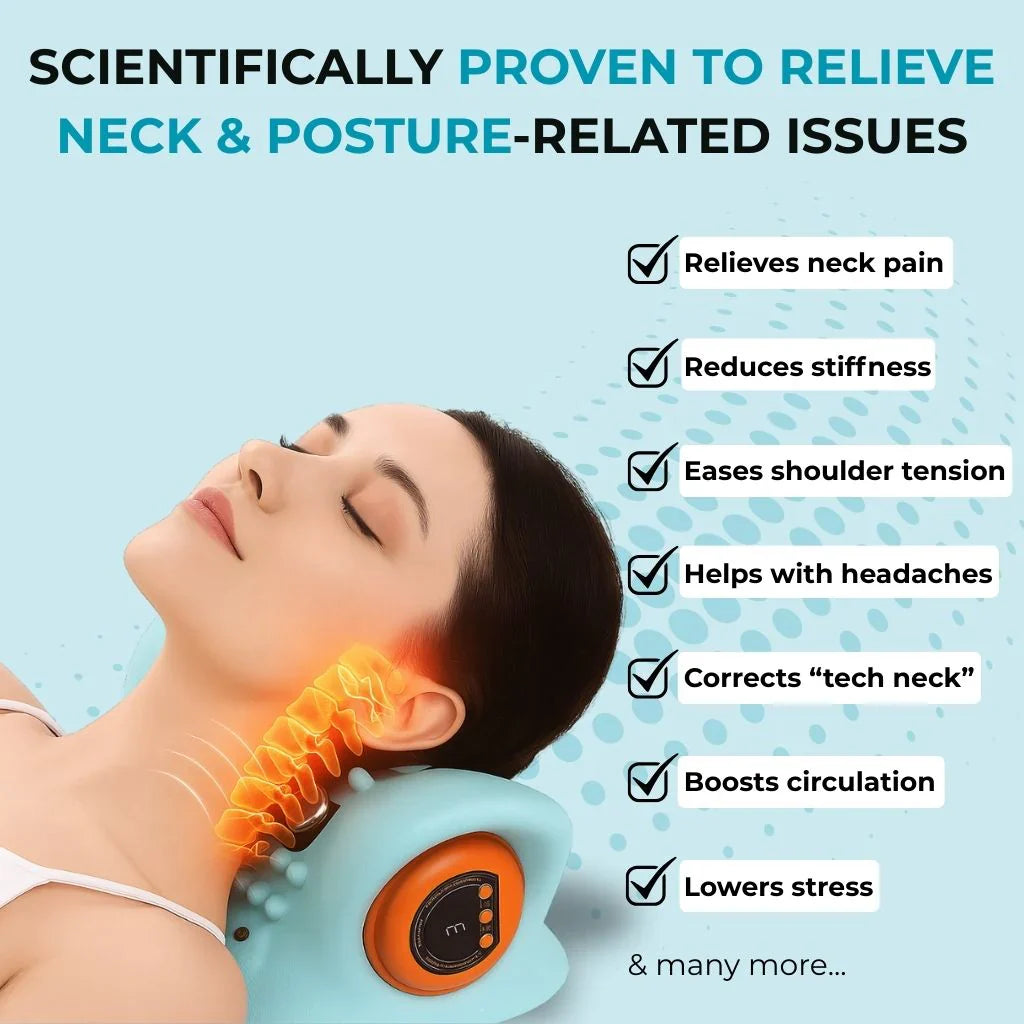 Person using a neck massager with text highlighting its benefits on a light blue background