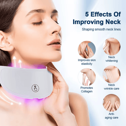 Woman using a neck device with text on effects of improving neck lines.