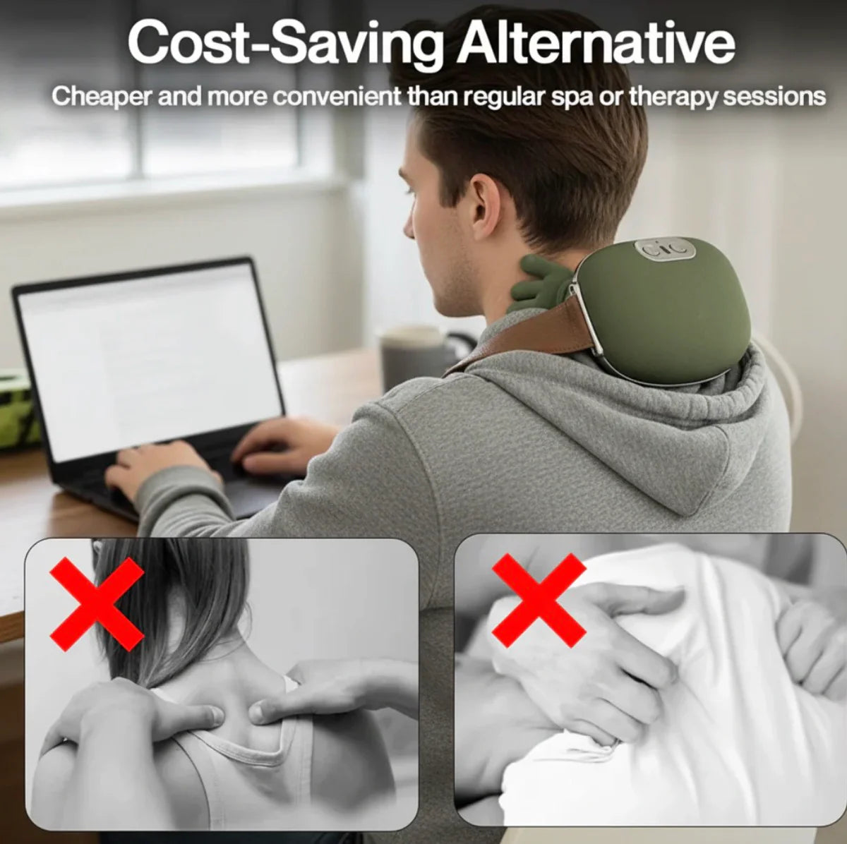 Ergonomic Handy Neck Massager strapped to office worker’s neck as cost-saving alternative to spa or manual massage
