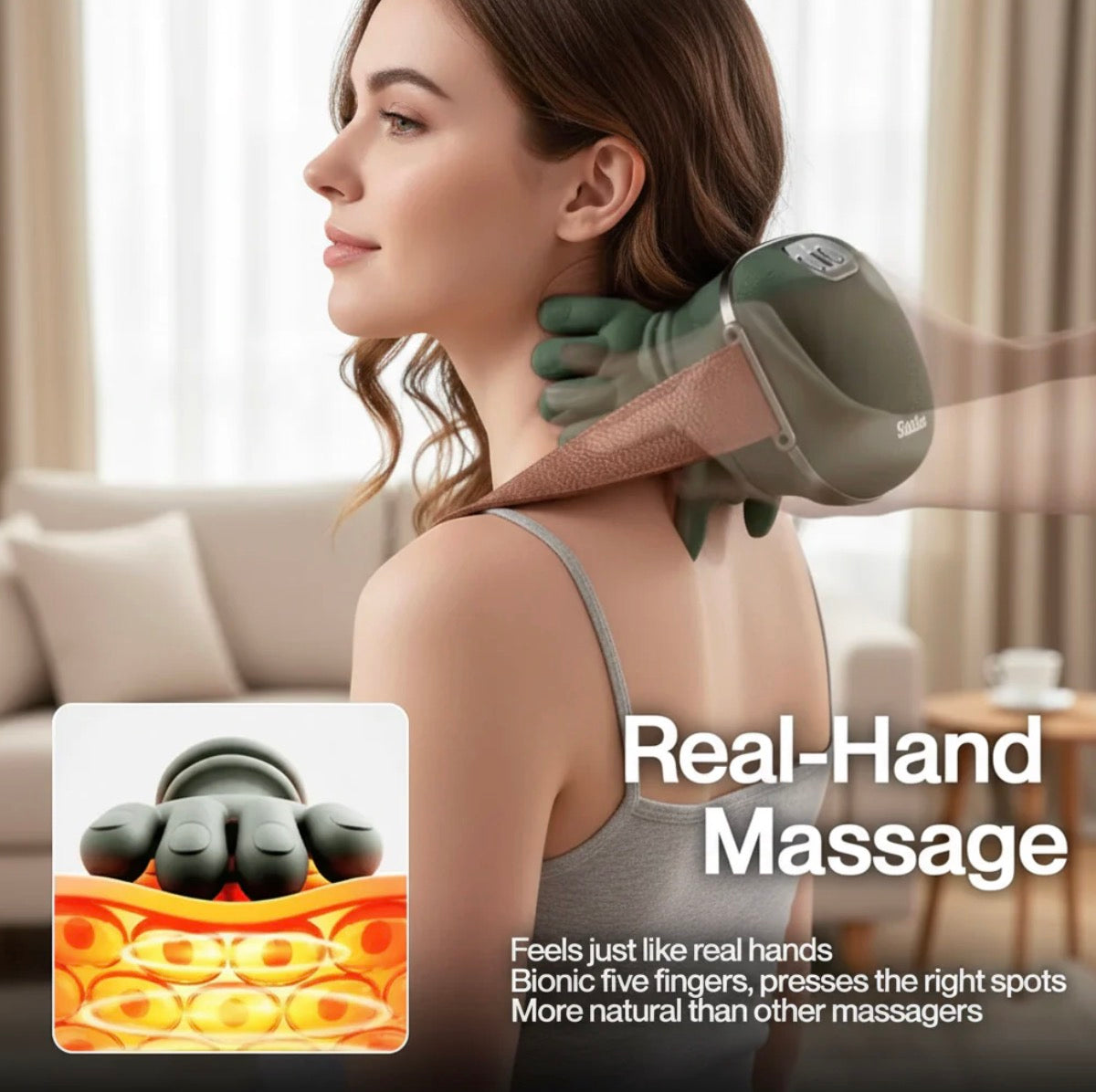 Woman receiving neck massage from a handheld massager with a close-up inset showing 'Real-Hand Massage' feature.