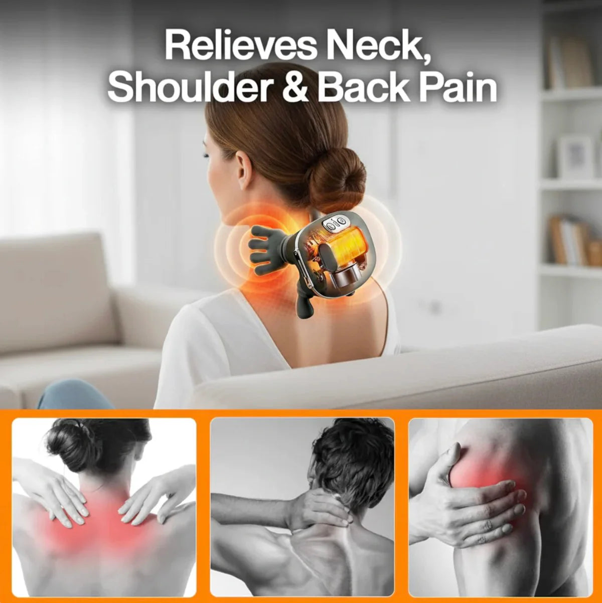 Handy Neck Massager relieving neck, shoulder and back pain with 4D kneading on woman sitting on sofa