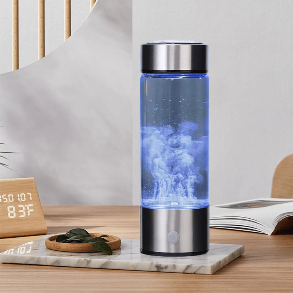 Portable Hydrogen Water Generator glowing blue on bedside table, producing hydrogen-enriched water for daily wellness routine