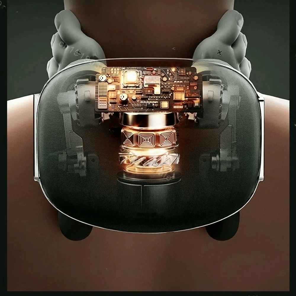 Close-up of a futuristic device with electronic components held by hands.