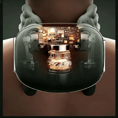 Close-up of a futuristic device with electronic components held by hands.