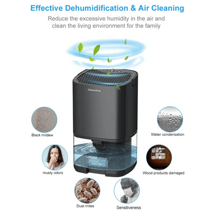 Dehumidifier with text on effective dehumidification and air cleaning, showing benefits on a white background.