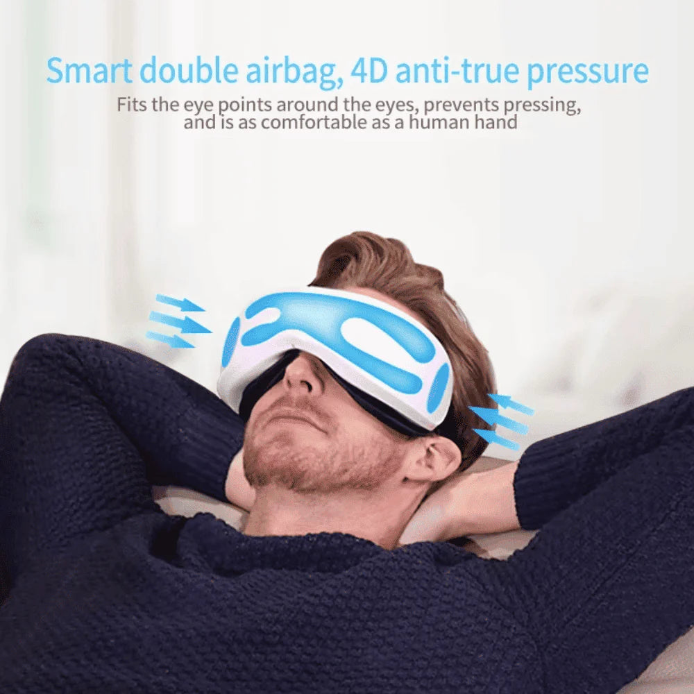 Man relaxing on sofa wearing Smart Eye Massage Instrument eye mask, 4D airbag massage easing stress and headaches