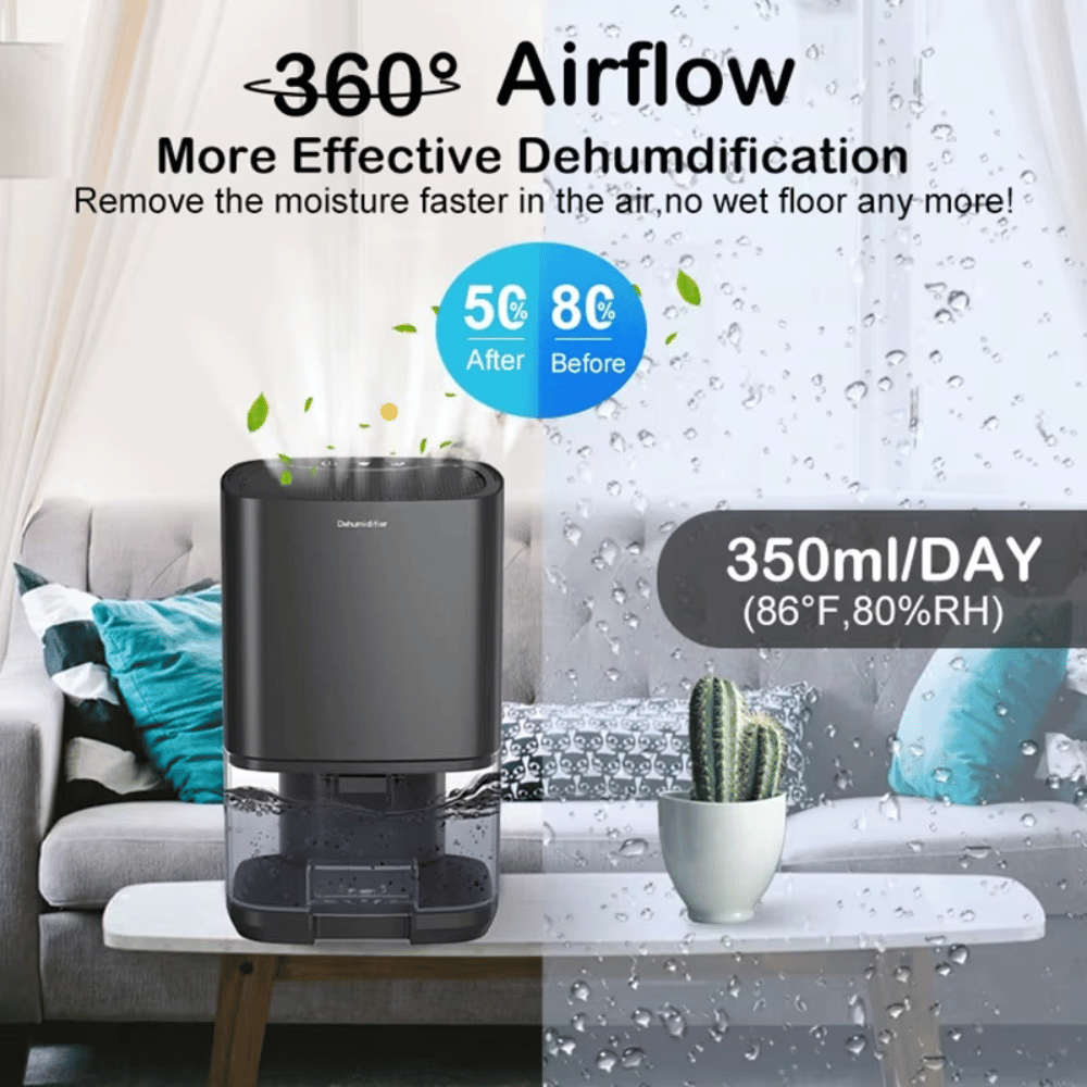 Dehumidifier on a table with text highlighting 360-degree airflow and dehumidification benefits in a living room setting.