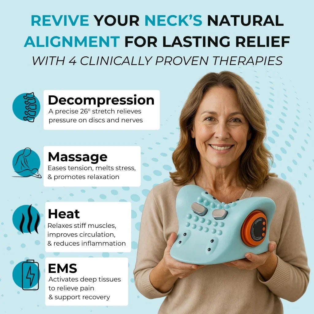 Smiling woman holding Electric Cervical Neck Massager showing decompression, massage, heat and EMS therapies for posture and pain relief.
