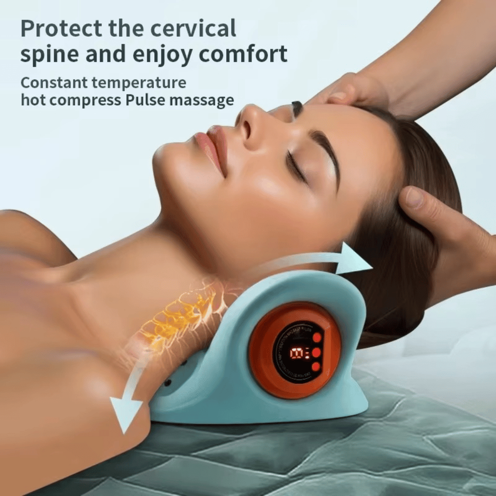 Person receiving neck massage with a device, text about cervical spine protection and comfort.