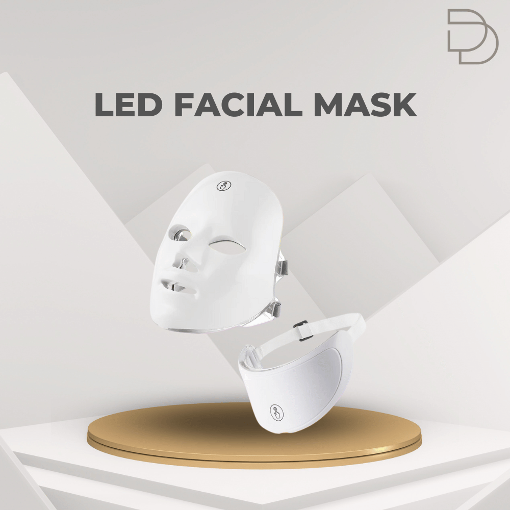 White LED facial mask on a gold stand with 'DDrelax' branding on a gray geometric background