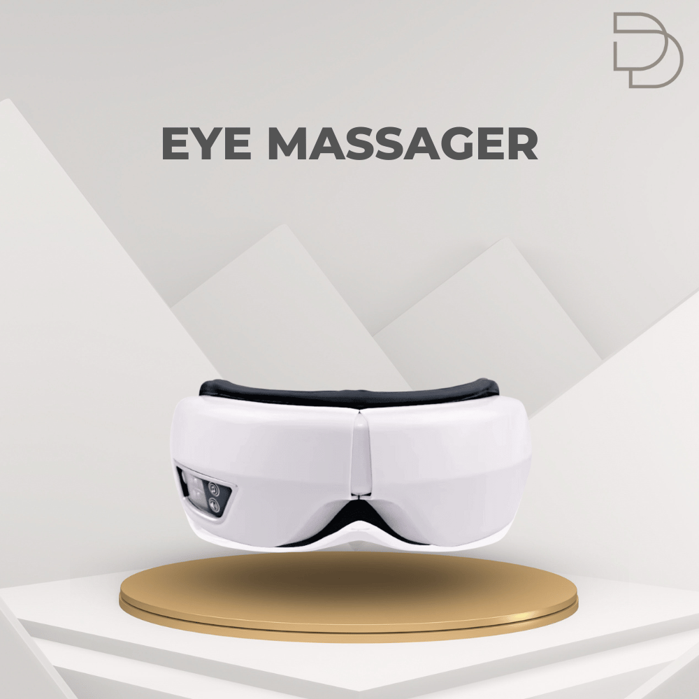White eye massager on a gold stand with a gray geometric background, featuring the Drelax brand.