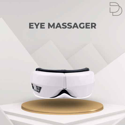 White eye massager on a gold stand with a gray geometric background, featuring the Drelax brand.