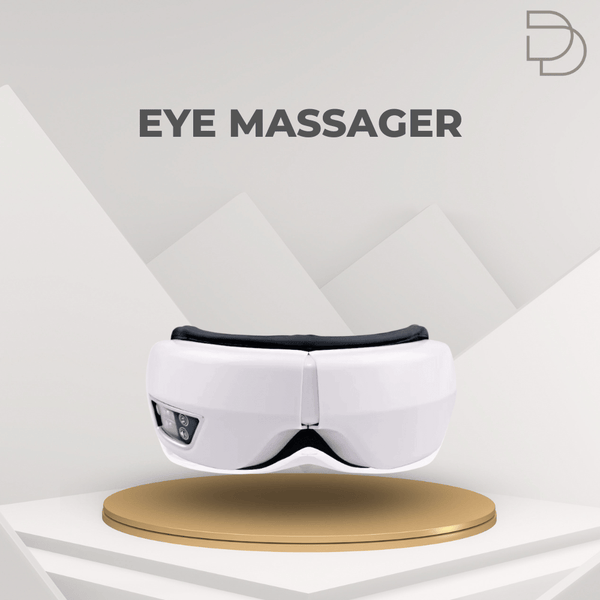 White eye massager on a gold stand with a gray geometric background, featuring the Drelax brand.