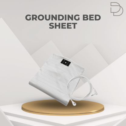 Grounding bed sheet with a circular device on a white background, featuring the Drelax brand.