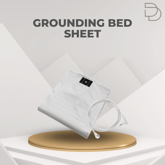 Grounding bed sheet with a circular device on a white background, featuring the Drelax brand.