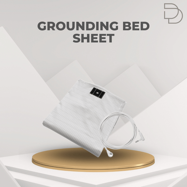 Grounding bed sheet with a circular device on a white background, featuring the Drelax brand.