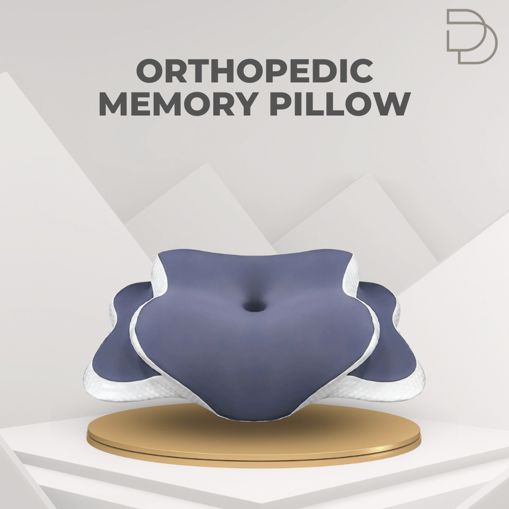 Orthopedic memory pillow on a stand with 'Drelax' branding in the background