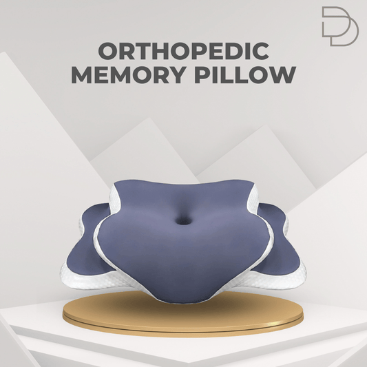 Orthopedic memory pillow on a stand with 'Drelax' branding in the background