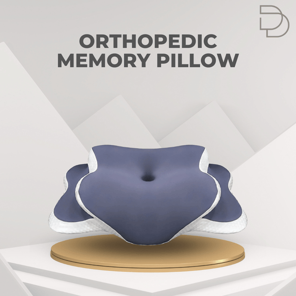 Orthopedic memory pillow on a stand with 'Drelax' branding in the background