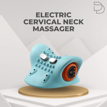 Blue electric cervical neck massager on a white background with 'Drelax' branding.