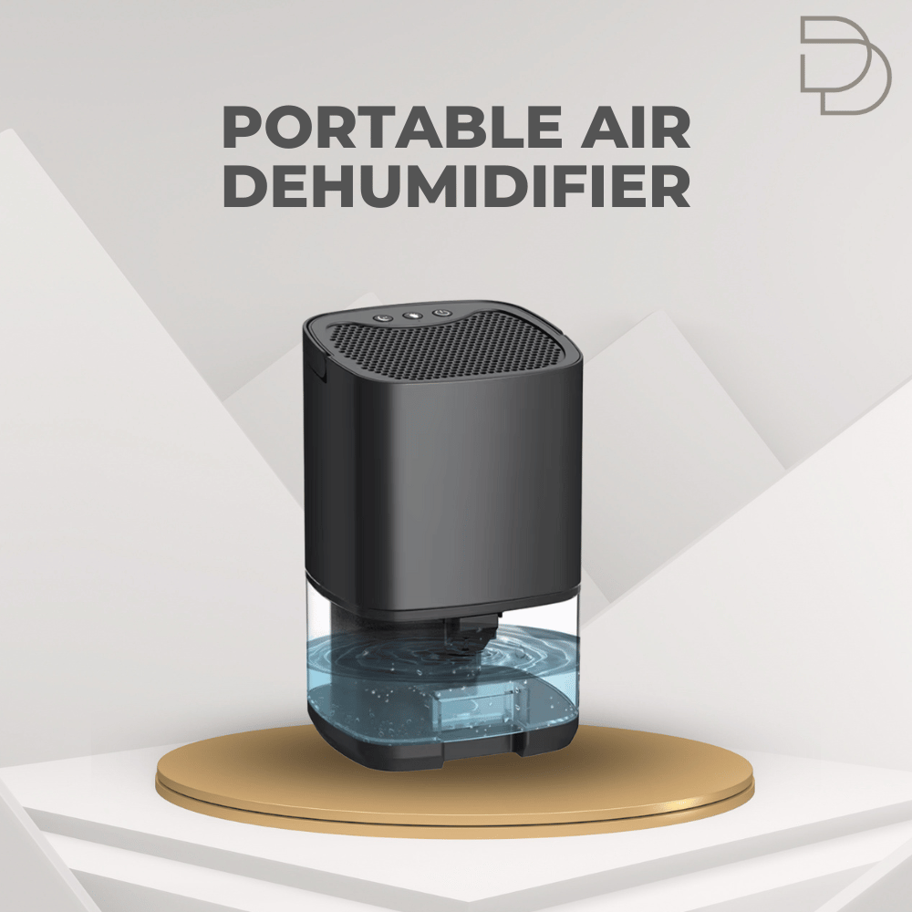 Portable air dehumidifier with water tank on a geometric background, featuring the Drelax brand.