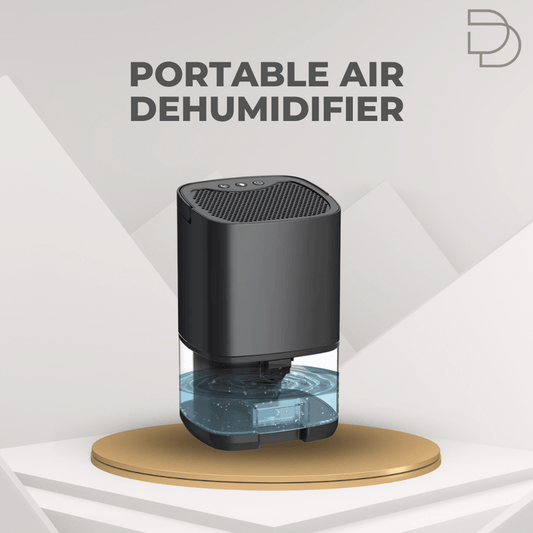 Portable air dehumidifier with water tank on a geometric background, featuring the Drelax brand.