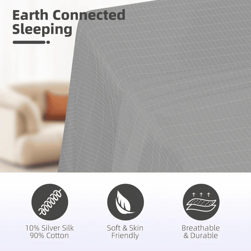 Grounding Fitted Bed Sheet fabric detail showing 10% silver fiber and 90% organic cotton, soft, breathable and durable.