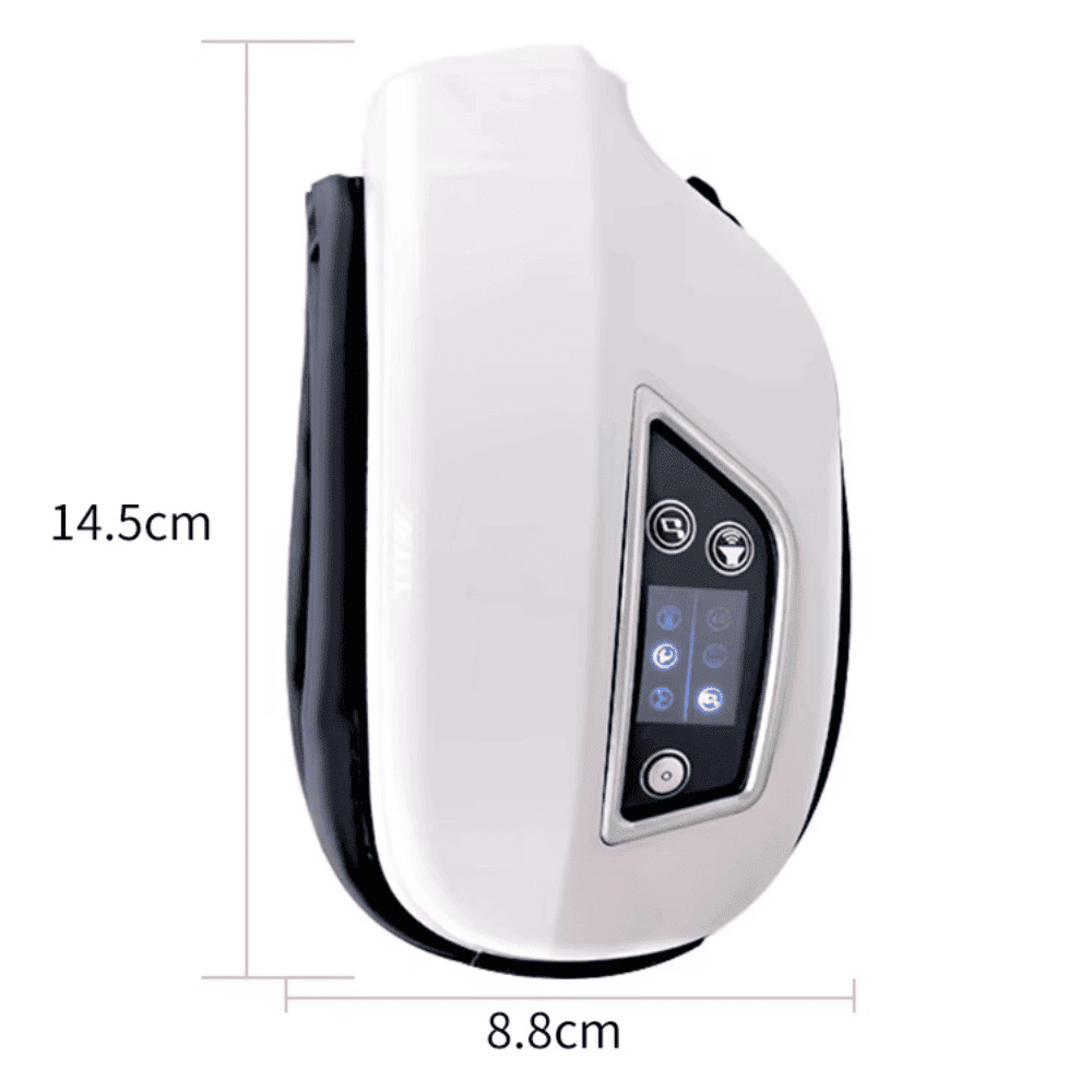 White electronic device with digital display and buttons, showing dimensions on a white background.