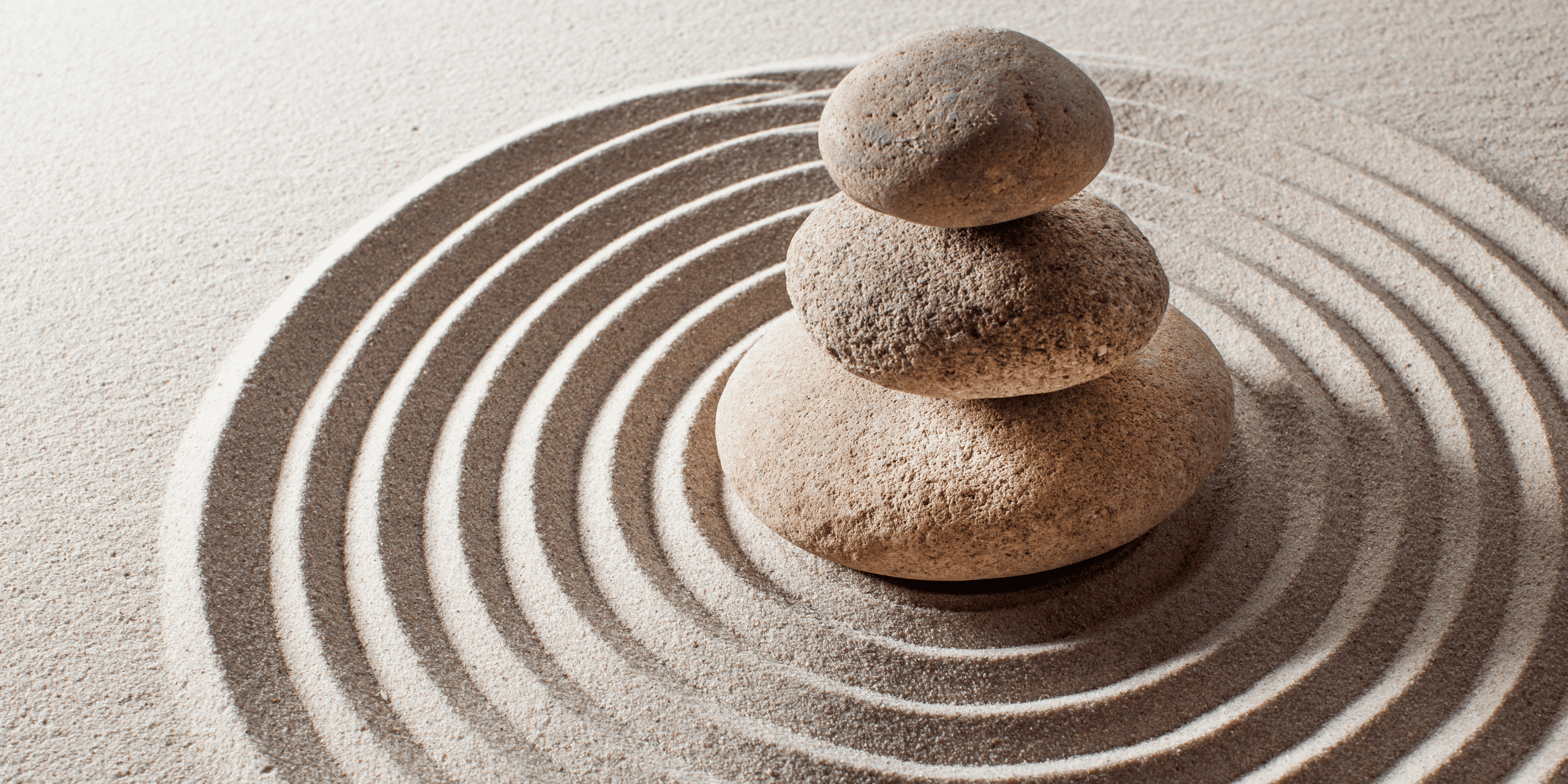 Zen stones stacked in concentric sand circles with the slogan ‘Quiet Tech for Your Body’ – DDrelax wellness hero banner.