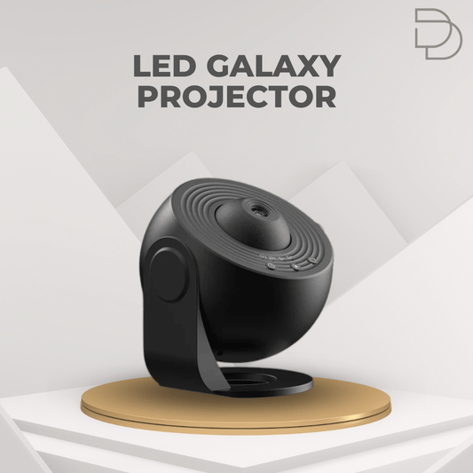Black LED galaxy projector on a white background with 'LED Galaxy Projector' text above.
