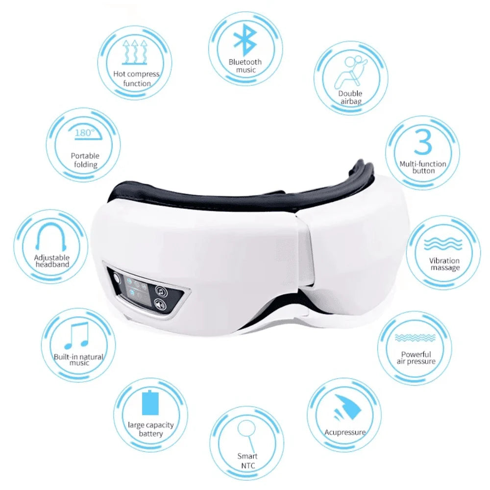 White Bluetooth Smart Eye Massage Instrument with vibration, heat and four massage modes, adjustable headband