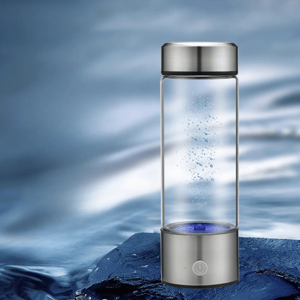 Hydrogen Water Generator bottle showing rising bubbles as it enriches drinking water with antioxidant hydrogen on a blue water background