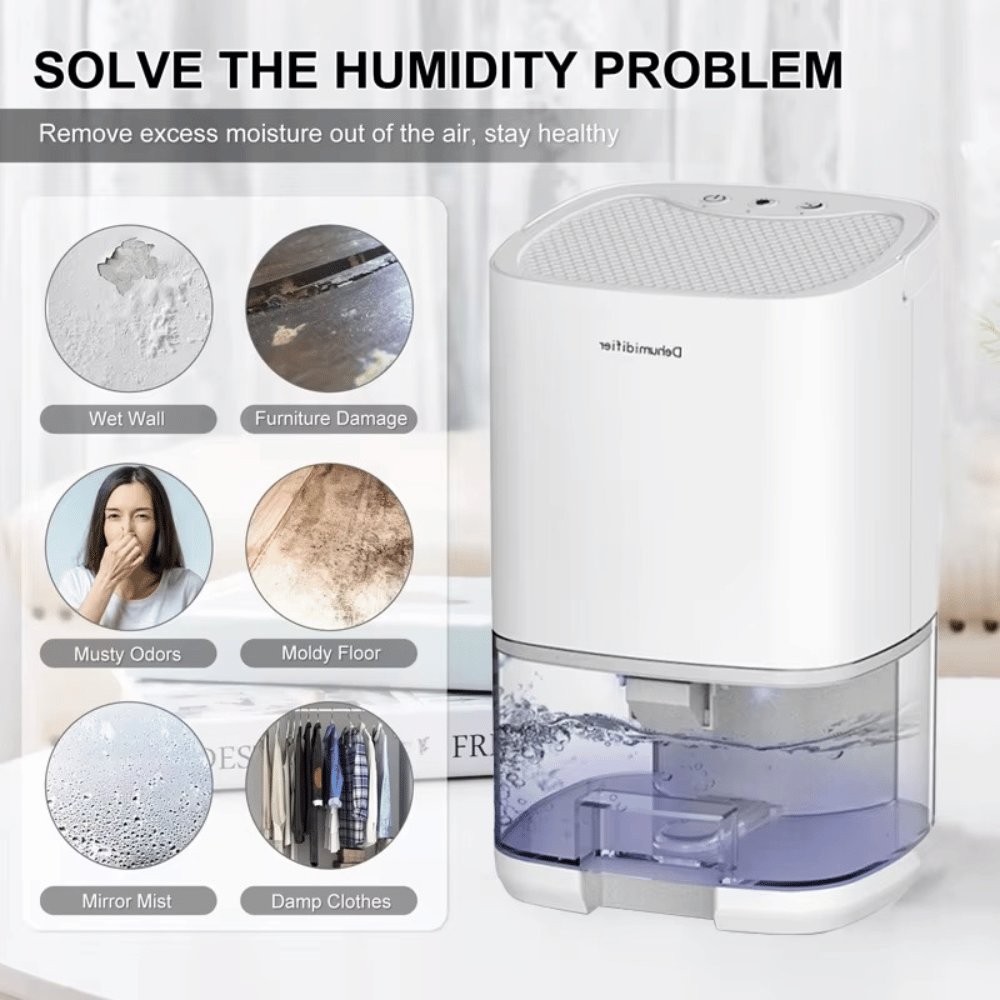 Humidifier with text 'Solve the Humidity Problem' and images of issues it addresses.