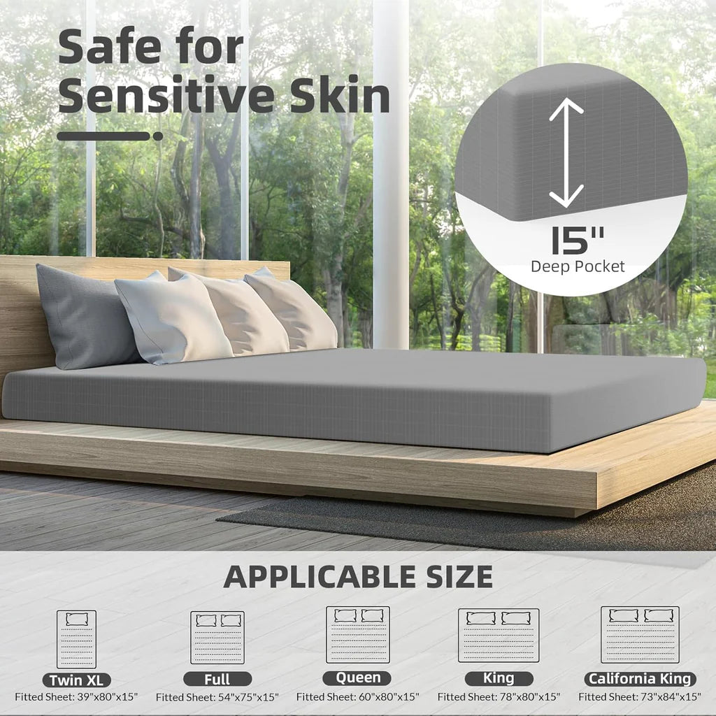 Bed made with grey Grounding Fitted Bed Sheet, 15-inch deep pocket and multiple mattress sizes, safe for sensitive skin.