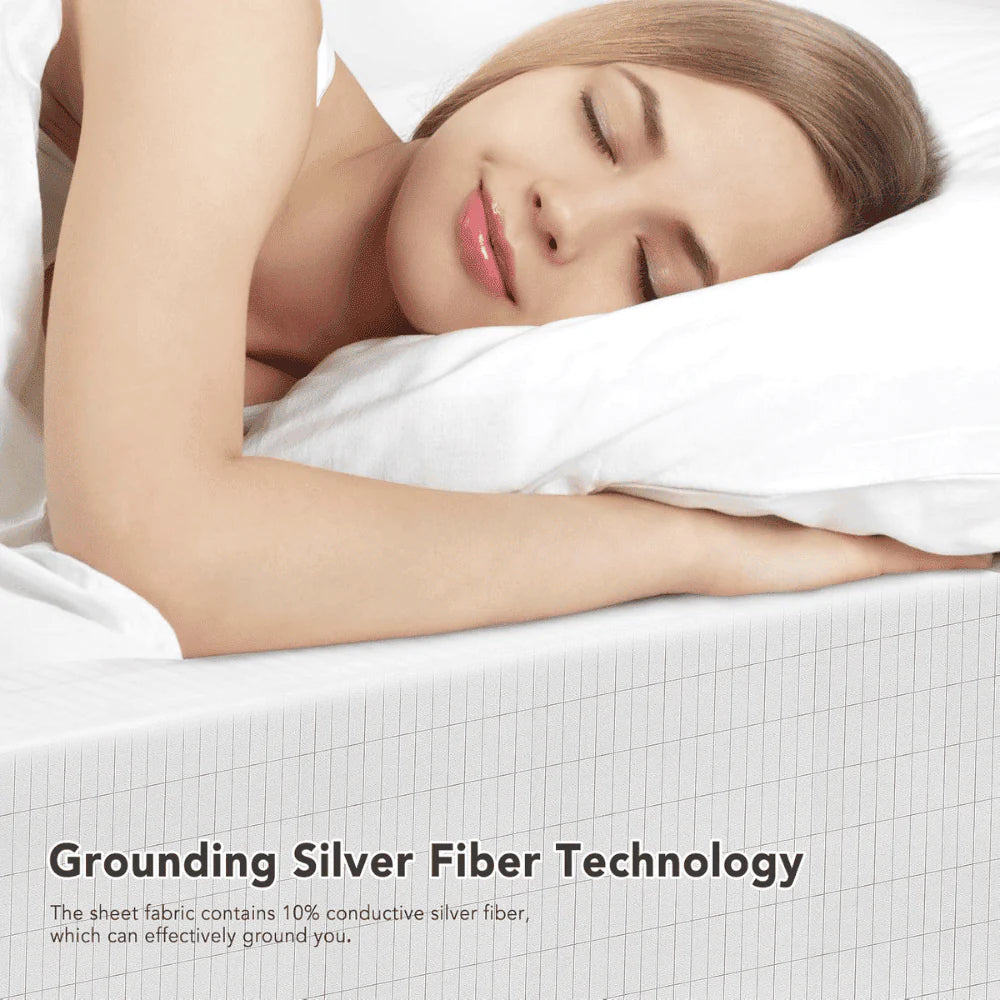Close-up of woman sleeping on Grounding Fitted Bed Sheet with conductive silver fiber grid for grounding and EMF reduction.