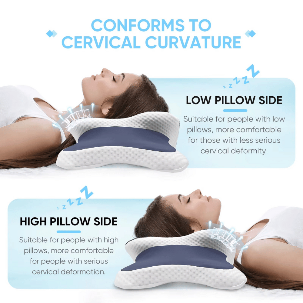 Cervical pillow with text explaining its use for different neck conditions.