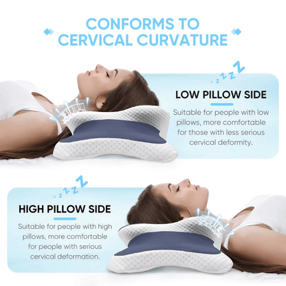 Cervical pillow with text explaining its use for different neck conditions.