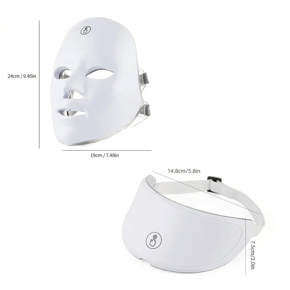 White LED face mask with measurements on a white background