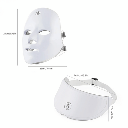 White LED face mask with measurements on a white background
