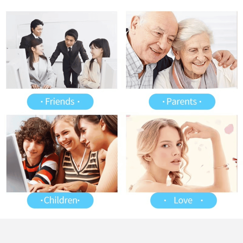 Four different scenes labeled 'Friends', 'Parents', 'Children', and 'Love' with people in various settings.